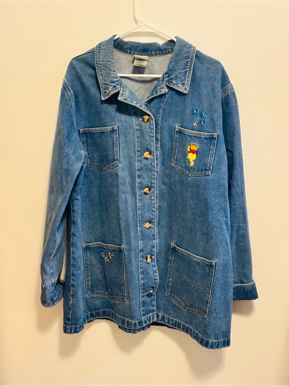 VTG Y2K Disney denim button chore jacket embroidered Pooh & Friends sz XXL
